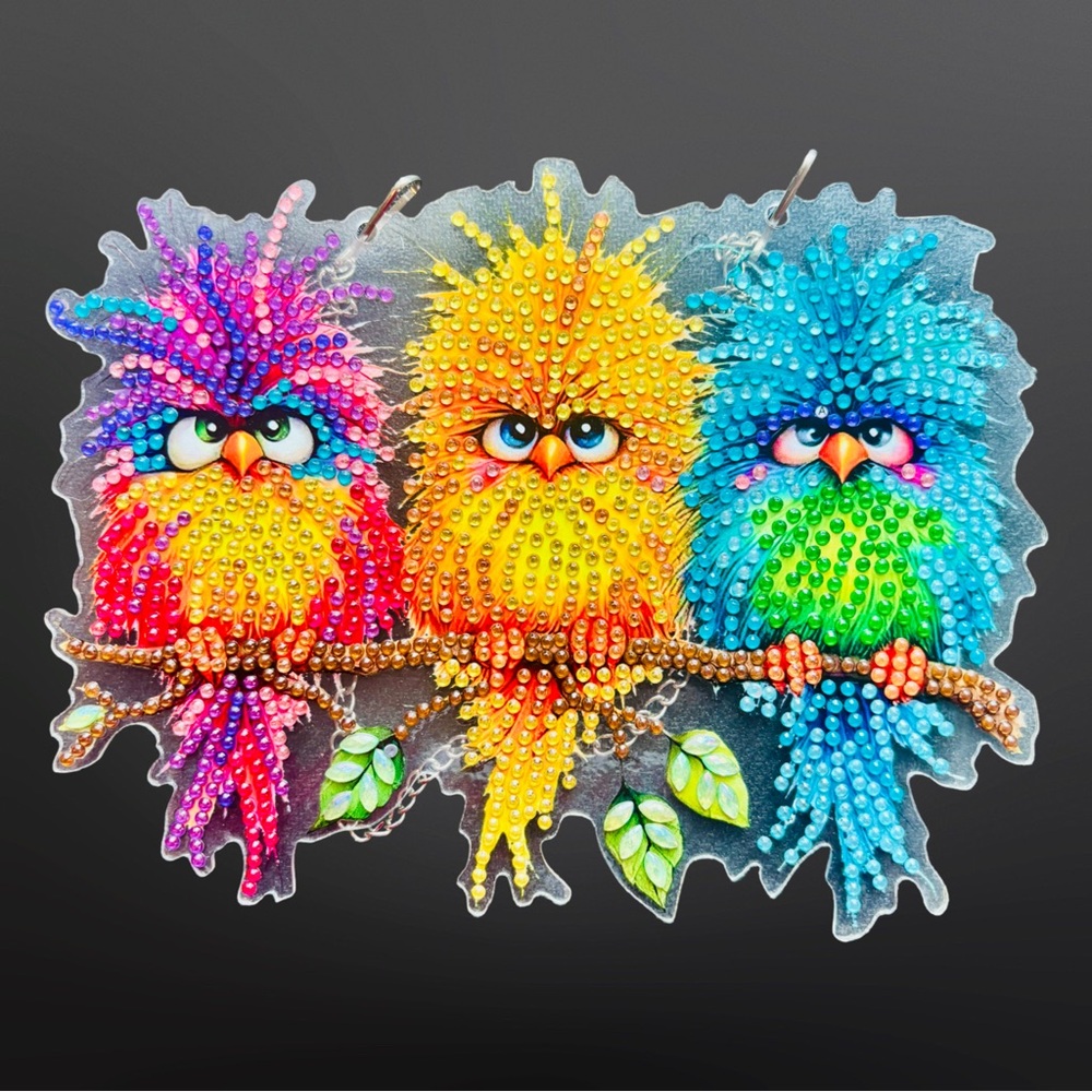 Hand Cray Colorful Three Cartoon Birds Hanging Bird Sun Catcher